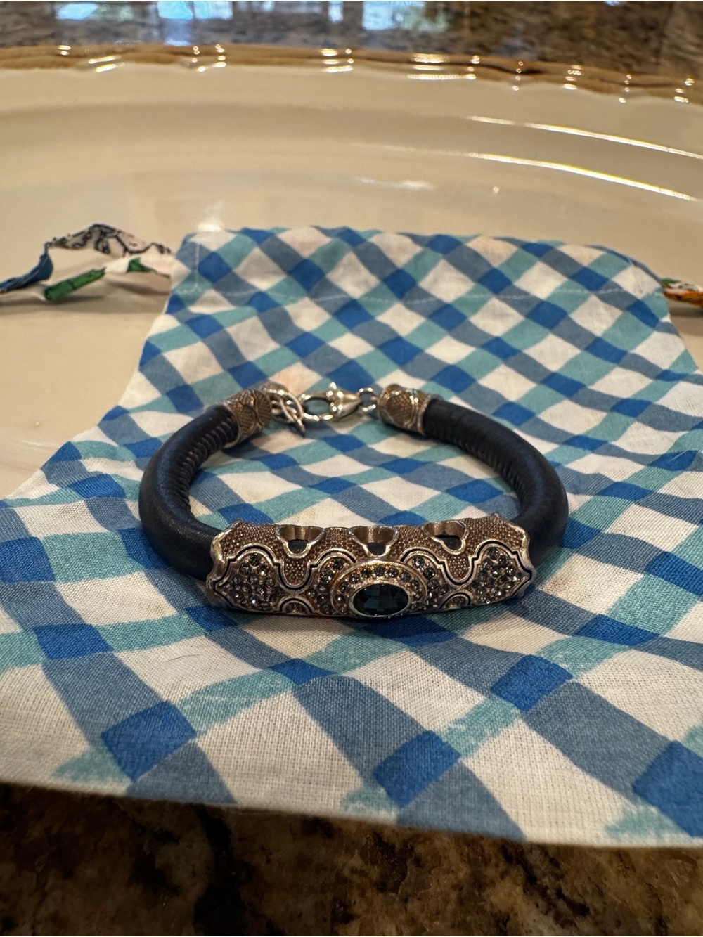 Brighton Blue Sapphire Leather Woodstock Bracelet Filigree Charm Rhinestone